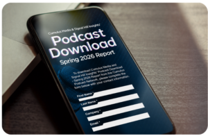 Smartphone displaying the download form for Cumulus Media and Signal Hill Insights' Podcast Download Spring 2026 Report