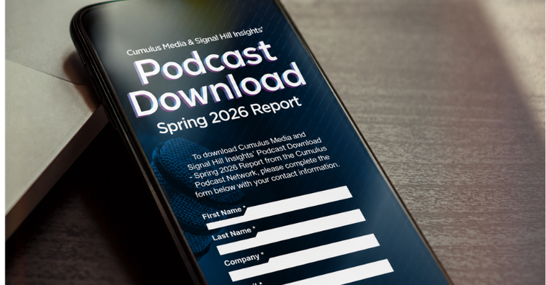 Smartphone displaying the download form for Cumulus Media and Signal Hill Insights' Podcast Download Spring 2026 Report