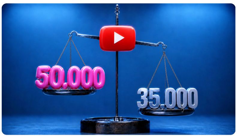 A balance scale with a YouTube logo at its centre. The pan holding a pink 50,000 sits high while the pan holding a silver 35,000 sits low, showing that the smaller number carries more weight.