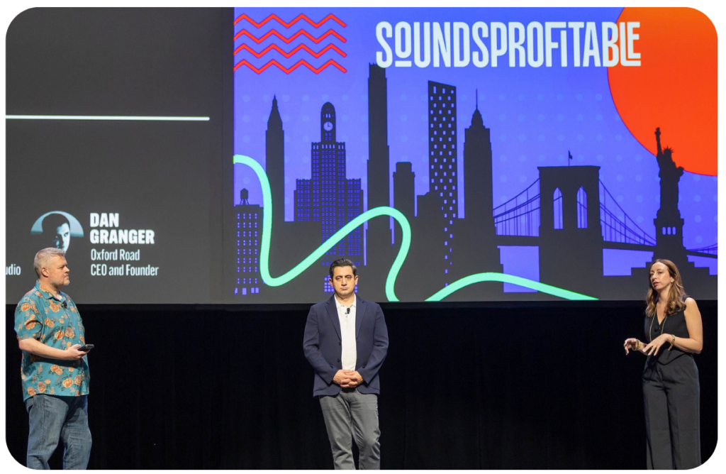 Glenn Rubenstein of ADOPTER Media, Dan Granger of Oxford Road and Krystina Rubino of Right Side Up on stage discussing YouTube measurement 2027 at the Sounds Profitable Business Summit