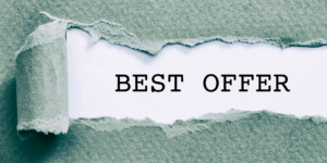 Best Offer text revealed on torn teal paper showing white paper underneath, representing value proposition and exclusive offers in messaging
