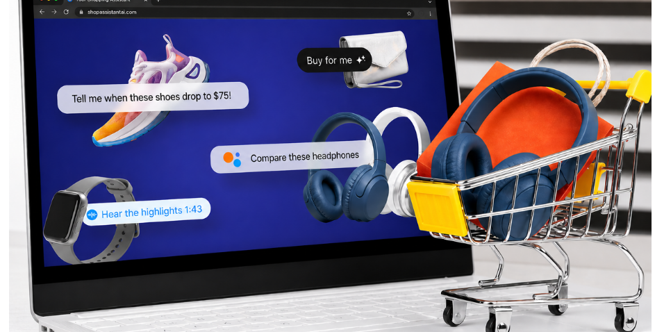 Laptop displaying Amazon Hear the Highlights with shopping cart full of products including headphones