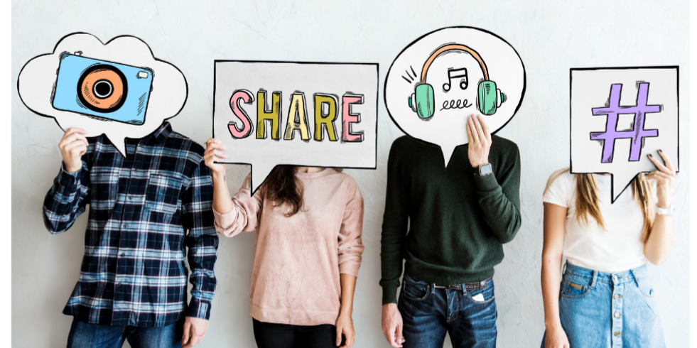 Four people holding speech bubbles with camera, share, headphones, and hashtag icons representing podcast formats