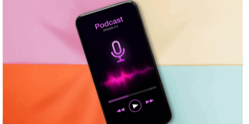 Podcast Ad Reach Smartphone displaying a podcast app screen with a microphone icon and sound waves.