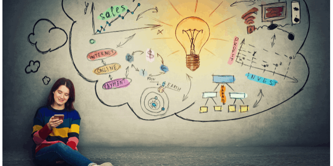 Woman sitting on the floor next to an illustrated marketing strategy bubble featuring a glowing lightbulb, sales icons, audience signals, and campaign planning elements, representing how startups can navigate the podcast advertising landscape.