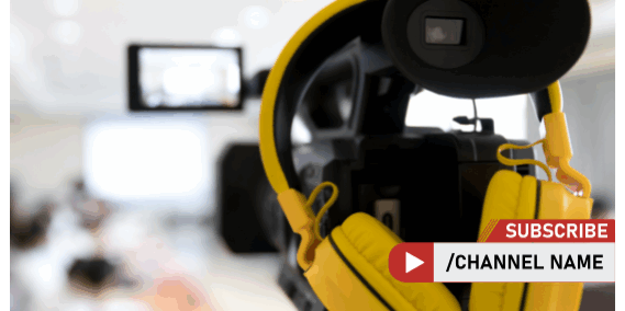 Yellow over-ear headphones on desk in YouTube creator studio with monitor displaying Subscribe button and channel name text overlay for brand sponsorship.