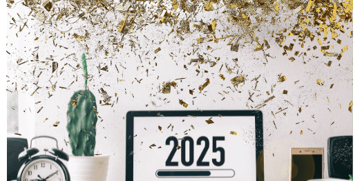 2025 calendar on desk with falling confetti, clock, succulent plant, and workspace representing new year planning and goal-setting for wellness