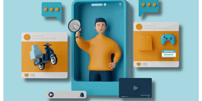 3D illustration of a person emerging from a smartphone holding a magnifying glass, surrounded by icons of a scooter, shopping bag, video controller, and media player—symbolizing how podcast advertising pixel tracking uncovers real listener behavior across products, content, and channels.