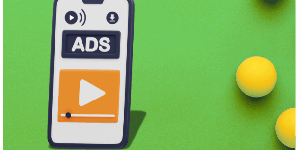 Mobile phone showing podcast ad interface with a play button and volume icon, highlighting audio ad delivery in both streamed and downloaded formats.