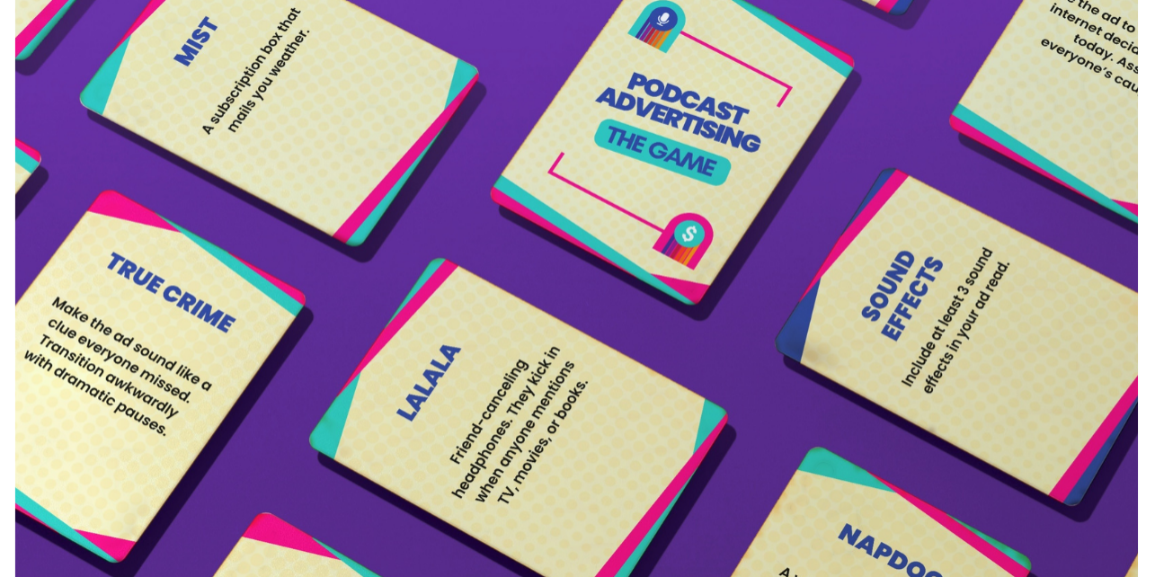 Cards from Podcast Advertising: The Game, a party card game by ADOPTER Media where players improvise podcast ad reads for made-up brands. The spread shows podcast cards, advertiser cards and client note cards on a purple background.