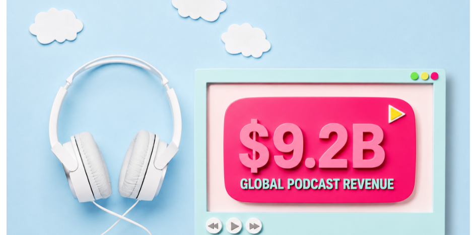 White headphones beside a pastel video player with a play button, representing podcast audio and video revenue growth