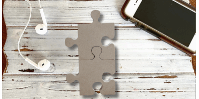 Puzzle piece next to smartphone and earbuds symbolizing channel fit