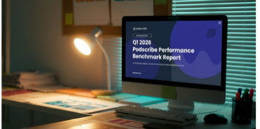Q1 2026 Podscribe Performance Benchmark Report displayed on a desktop monitor