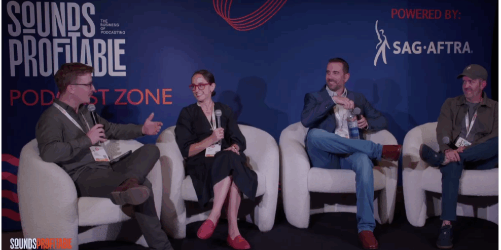 Four podcast industry leaders speaking on stage at the Sounds Profitable Podcast Zone during Advertising Week New York, discussing podcast attribution and measurement.