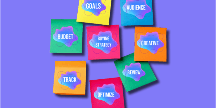 Colorful sticky notes visualizing podcast advertising steps: goals, audience, budget, strategy, creative, track, review, optimize