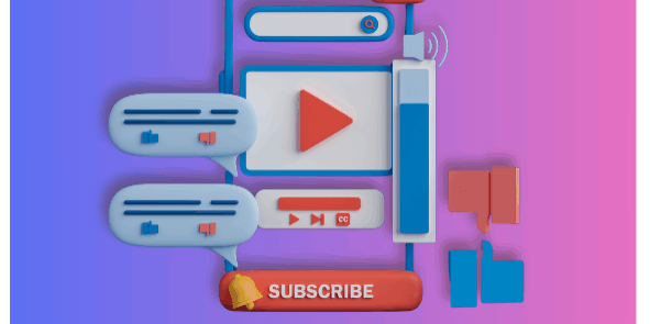 Ultimate YouTube Guide Option 2 3D illustration of YouTube interface elements including a play button, live streaming icon, chat bubbles, thumbs-up and thumbs-down icons, and a red subscribe button—representing YouTube sponsorship and engagement.
