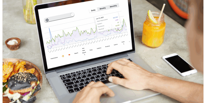 Person analyzing website traffic and marketing performance data on a laptop with graphs and charts displayed on screen, next to food and drinks
