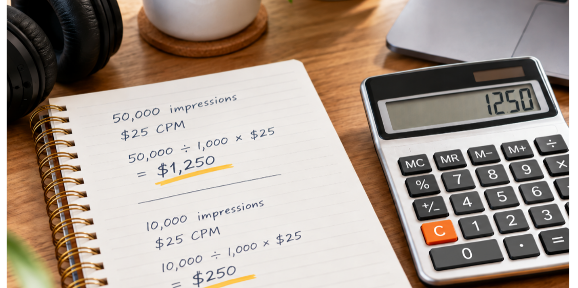 Notebook and calculator showing how podcast advertising rates are calculated with CPM, with a $1,250 total on the calculator display.