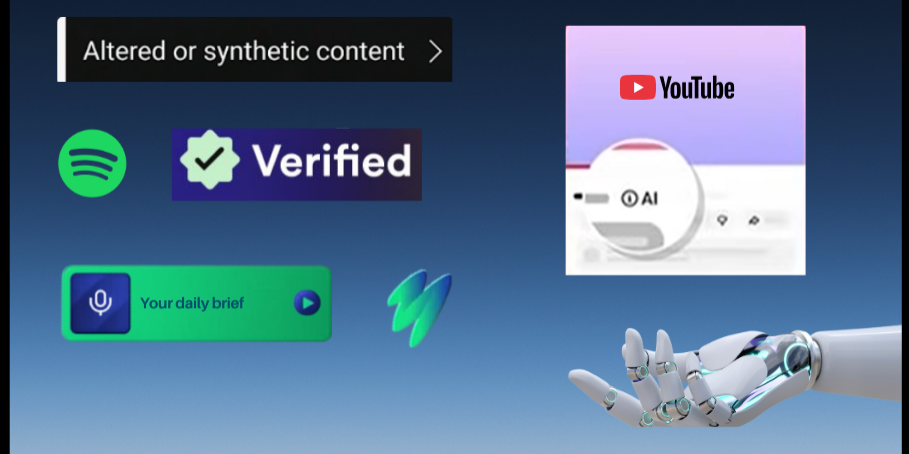 Video player frame showing a YouTube altered or synthetic content label, AI detection magnifier, Spotify Verified badge, and an AI daily brief feature, with a robot hand reaching in