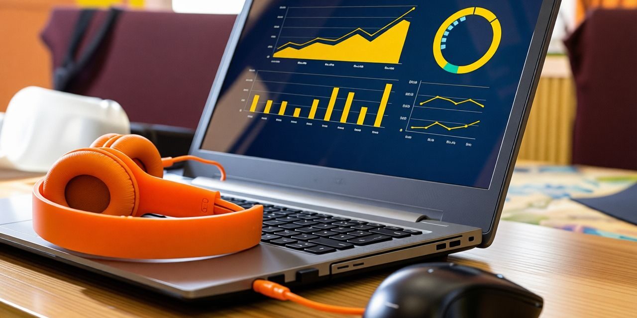 Laptop displaying podcast advertising performance charts and growth metrics, with orange headphones resting beside it on a desk.