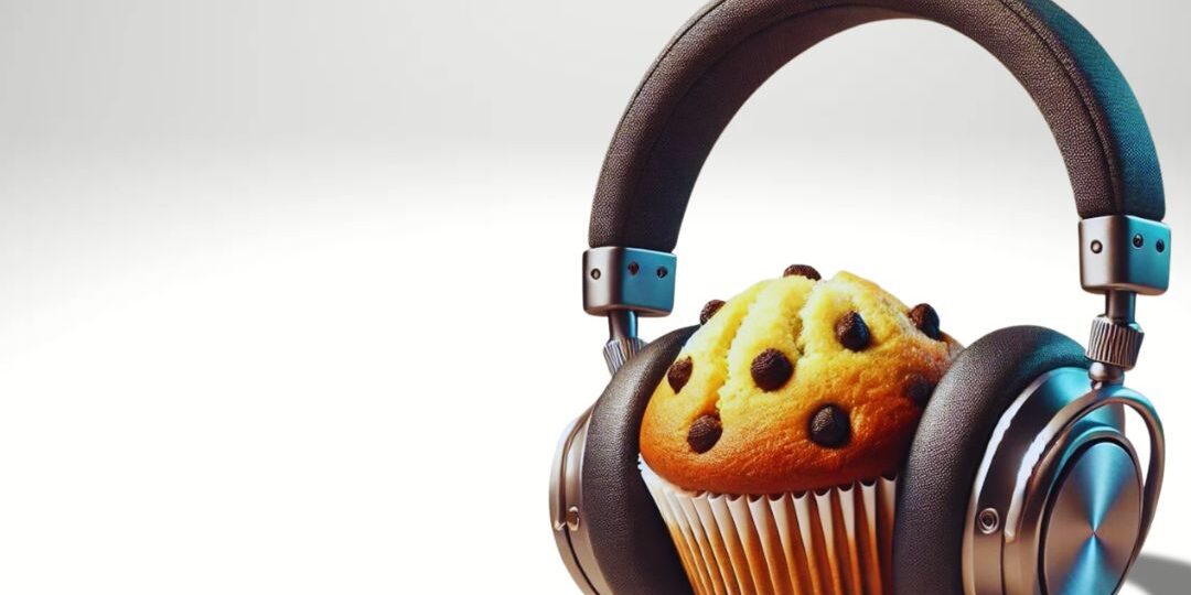 A picture of over the ears headphones with a chocolate chip muffin in between the ear peices.